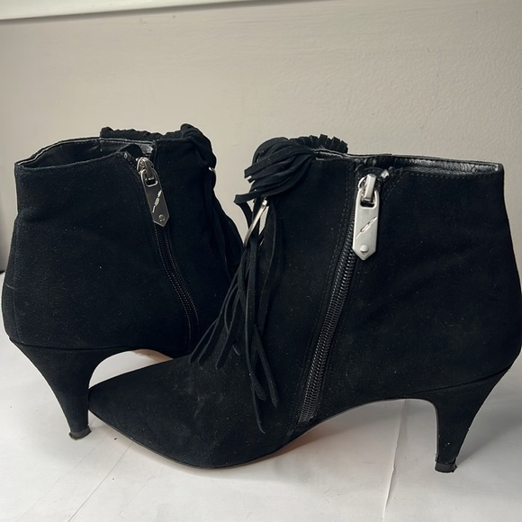 Brian Atwood Sz 9 Perri Black Suede Fringe Firing Booties Metal Detail 2.5” Heel - Picture 6 of 10